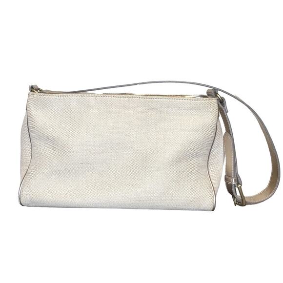 ETIENNE AIGNER Beige Linen W/ Metallic Gold Leather Trim Shoulder Bag Purse - Picture 2 of 10